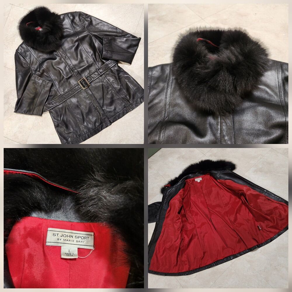 St Saint John Sport Marie Gray‎ Womens L Large Belted Leather Fur Collar Jacket